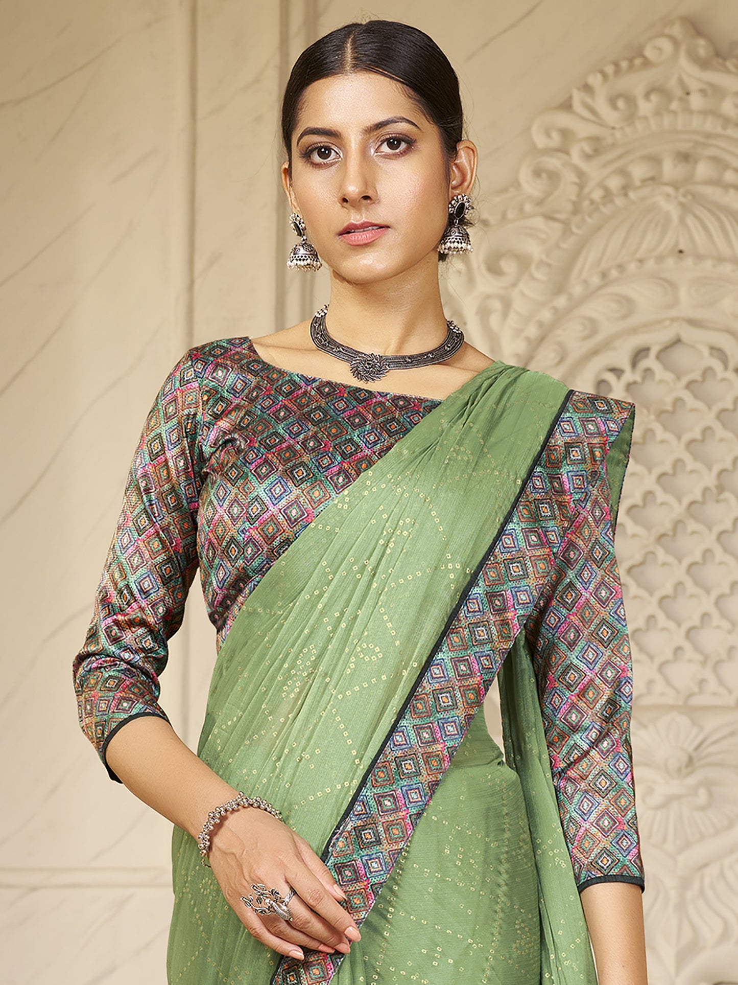 Women's Chiffon Light Green Embellished Designer Saree With Blouse Piece