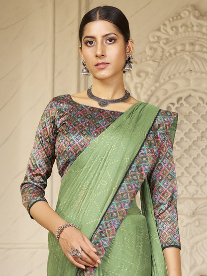 Women's Chiffon Light Green Embellished Designer Saree With Blouse Piece