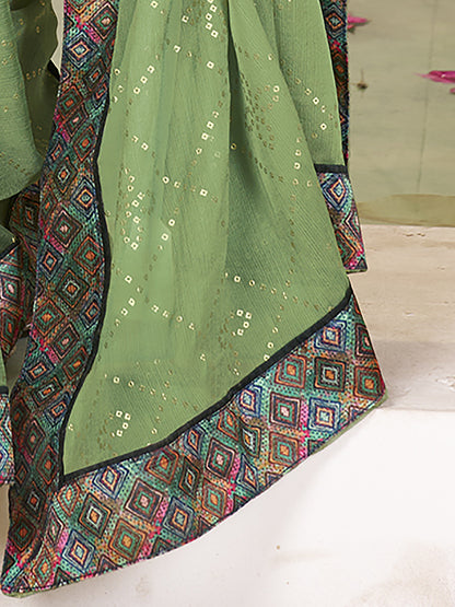 Women's Chiffon Light Green Embellished Designer Saree With Blouse Piece