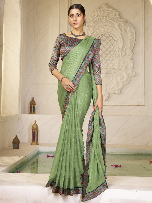 Women's Chiffon Light Green Embellished Designer Saree With Blouse Piece