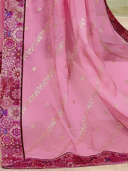 Women's Chiffon Pink Embellished Designer Saree With Blouse Piece
