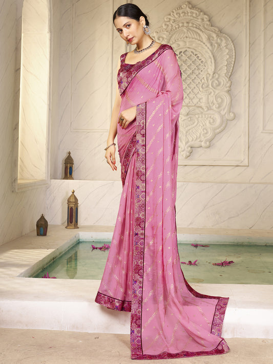 Women's Chiffon Pink Embellished Designer Saree With Blouse Piece