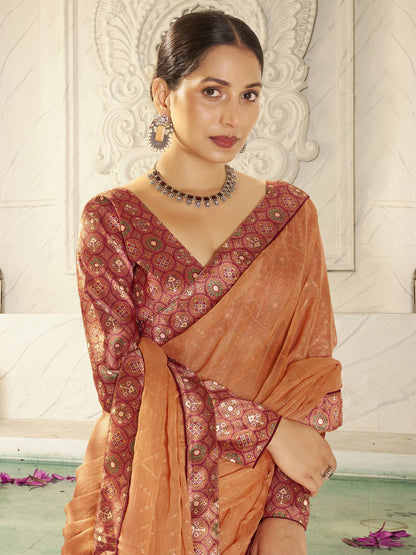 Women's Chiffon Peach Embellished Designer Saree With Blouse Piece