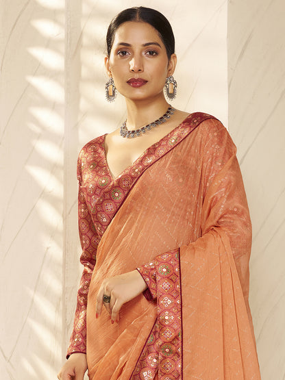 Women's Chiffon Peach Embellished Designer Saree With Blouse Piece
