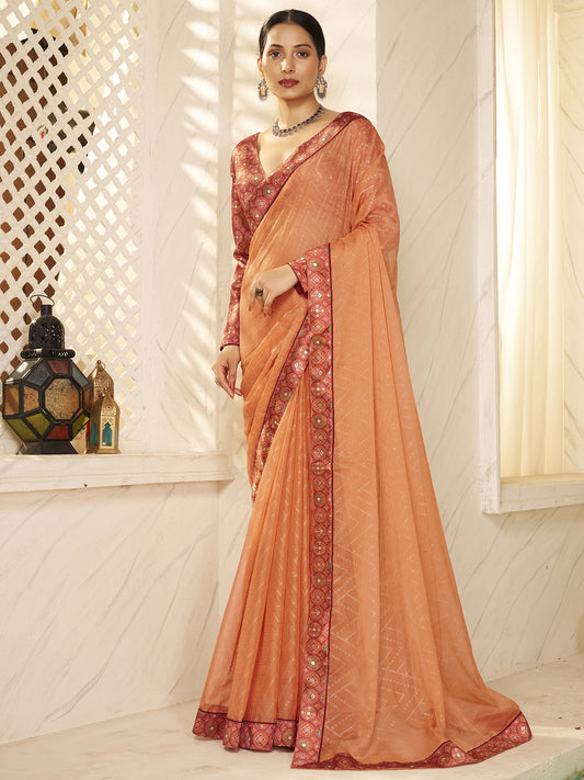 Women's Chiffon Peach Embellished Designer Saree With Blouse Piece