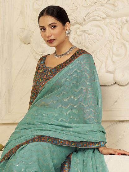 Women's Chiffon Turquoise Embellished Designer Saree With Blouse Piece
