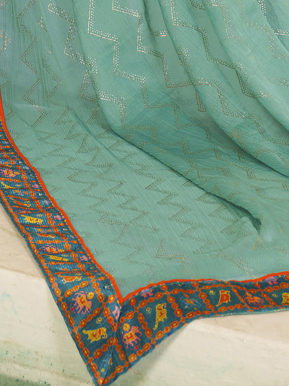 Women's Chiffon Turquoise Embellished Designer Saree With Blouse Piece