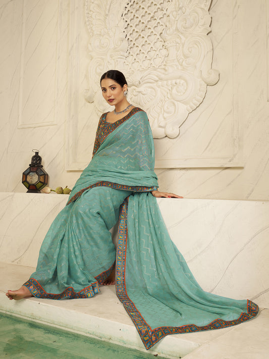 Women's Chiffon Turquoise Embellished Designer Saree With Blouse Piece