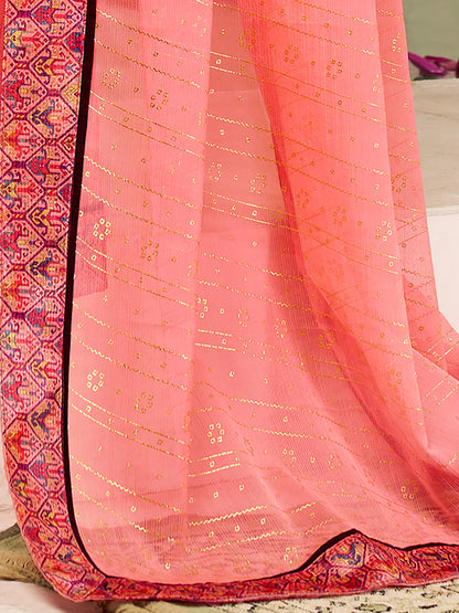 Women's Chiffon Pink Embellished Designer Saree With Blouse Piece
