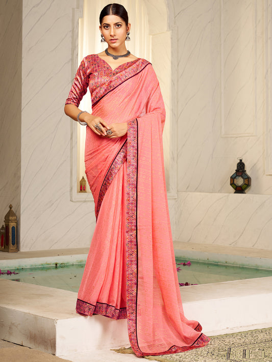 Women's Chiffon Pink Embellished Designer Saree With Blouse Piece
