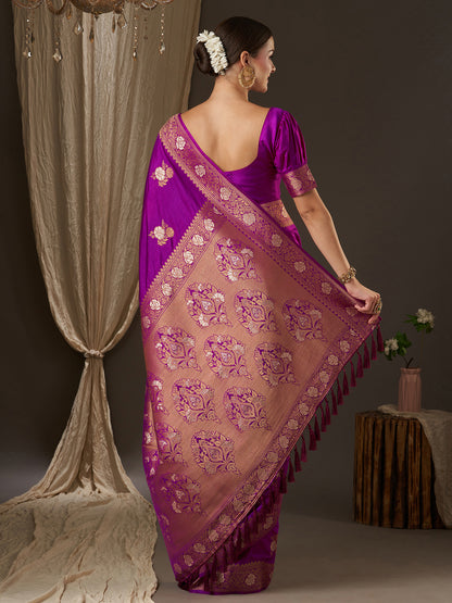 Women's Silk Blend Purple Woven Design Designer Saree With Blouse Piece