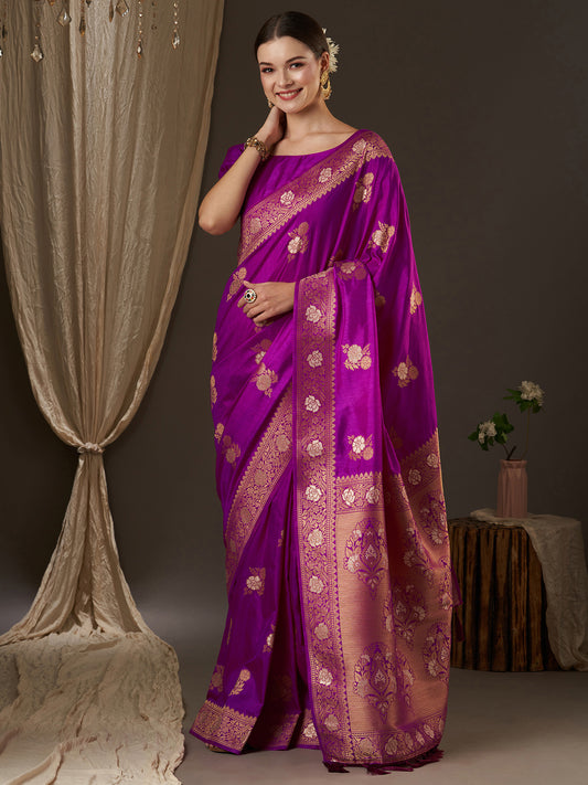 Women's Silk Blend Purple Woven Design Designer Saree With Blouse Piece
