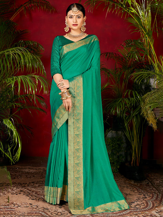 Women's Vichitra Silk Sea Green Embellished Designer Saree With Blouse Piece