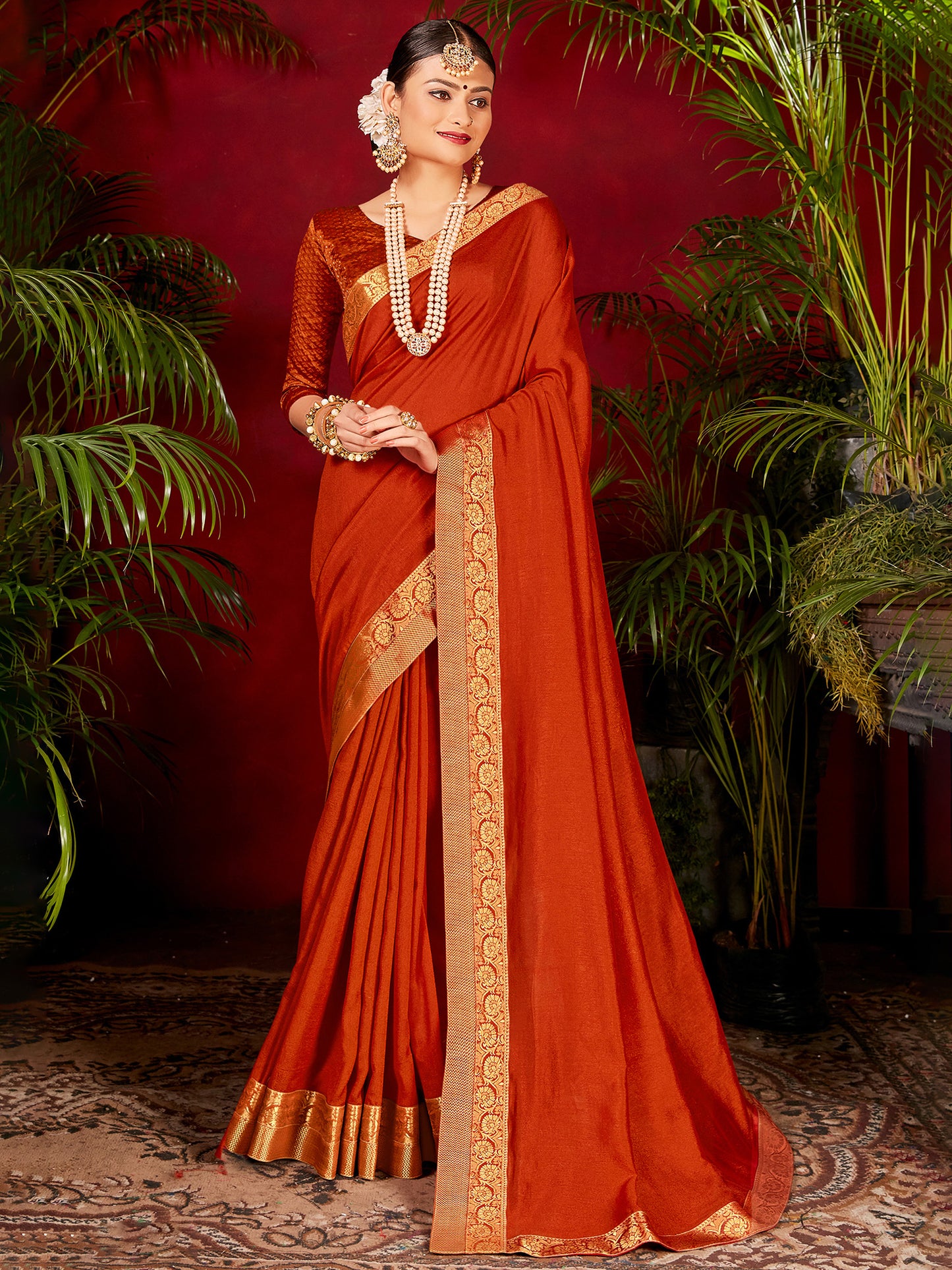 Women's Vichitra Silk Orange Embellished Designer Saree With Blouse Piece