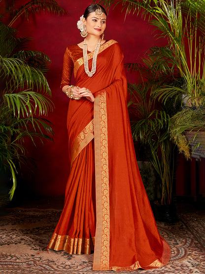 Women's Vichitra Silk Orange Embellished Designer Saree With Blouse Piece