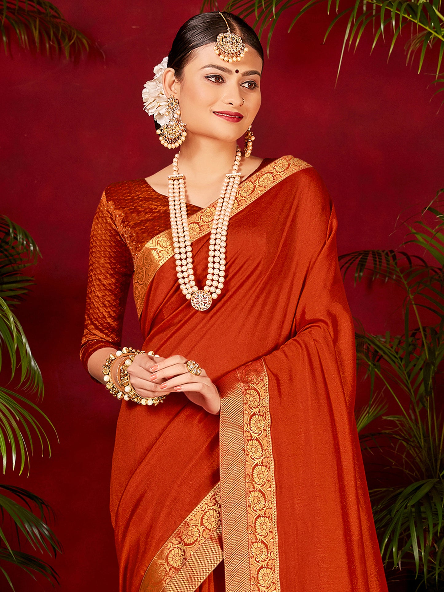 Women's Vichitra Silk Orange Embellished Designer Saree With Blouse Piece