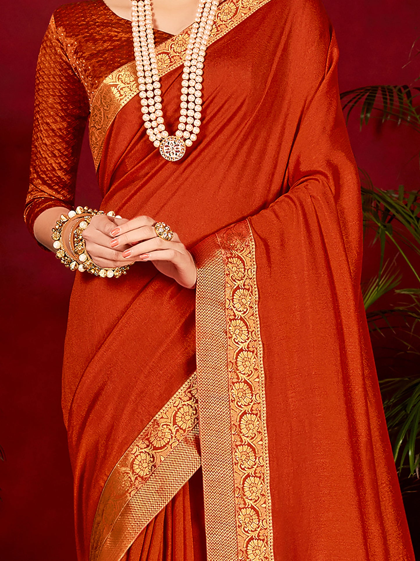 Women's Vichitra Silk Orange Embellished Designer Saree With Blouse Piece