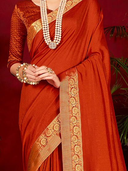 Women's Vichitra Silk Orange Embellished Designer Saree With Blouse Piece