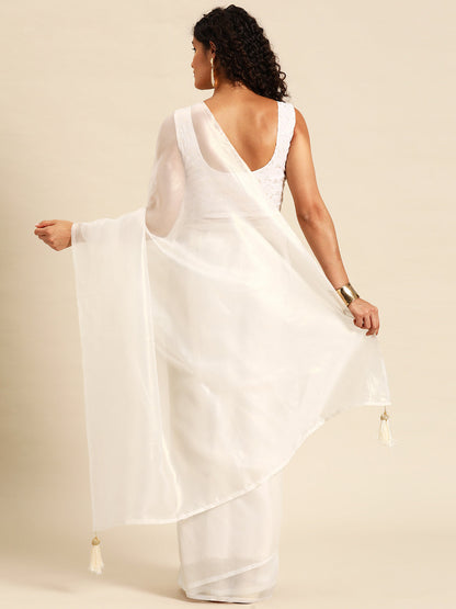 Dhiyona GR Women's Shylaa Dove White Solid Zari Design Organza Saree