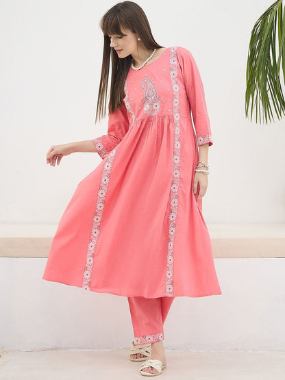 Dhiyona IE Floral Embroidered Pure Cotton Round Neck Tunic With Trousers