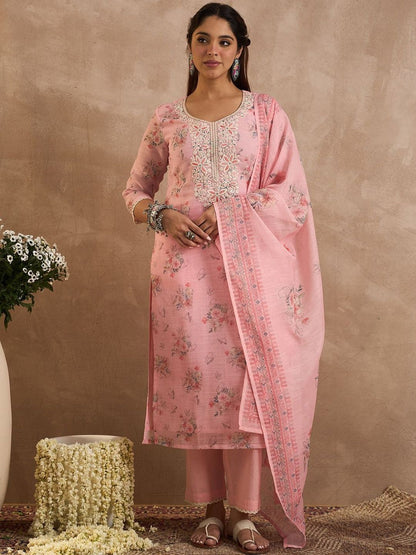 Women Floral Printed Linen Kurta with Trousers & Dupatta