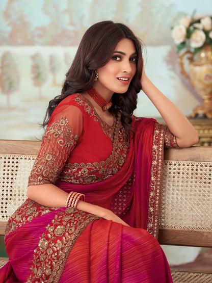 Women's Chiffon Pink Embellished Designer Saree With Blouse Piece