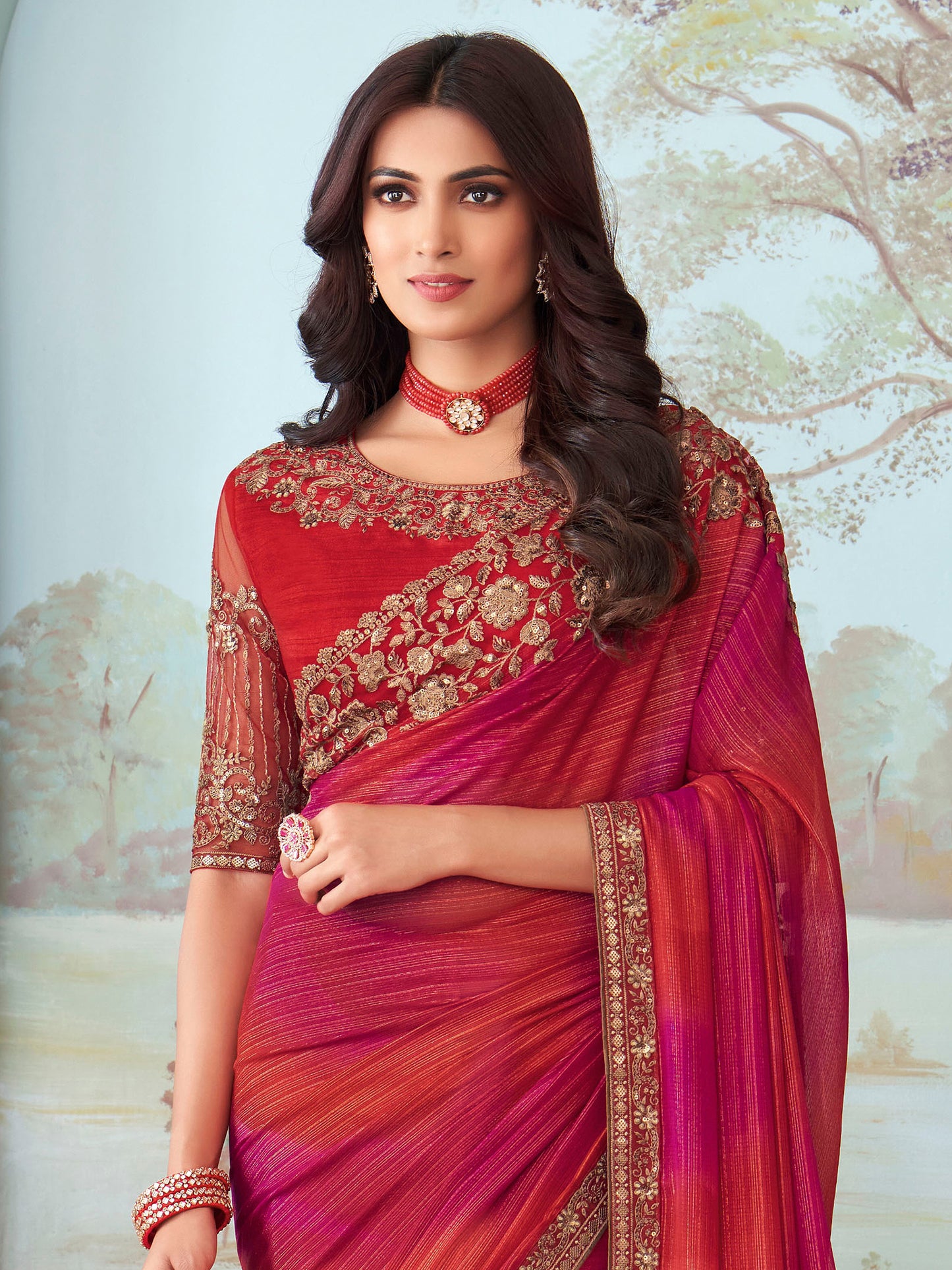 Women's Chiffon Pink Embellished Designer Saree With Blouse Piece