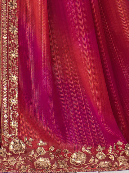 Women's Chiffon Pink Embellished Designer Saree With Blouse Piece