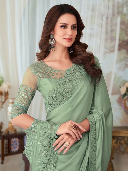 Women's Silk Blend Light Green Embellished Designer Saree With Blouse Piece