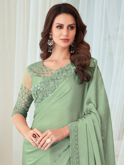 Women's Silk Blend Light Green Embellished Designer Saree With Blouse Piece