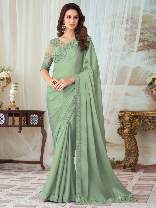 Women's Silk Blend Light Green Embellished Designer Saree With Blouse Piece