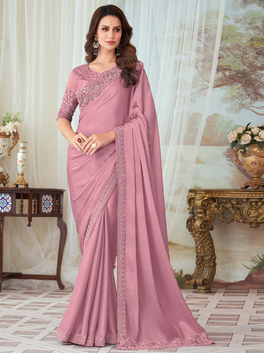 Women's Silk Blend Mauve Embellished Designer Saree With Blouse Piece