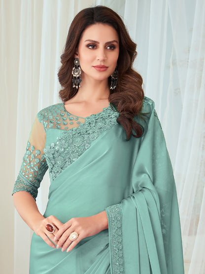 Women's Silk Blend Sea Green Embellished Designer Saree With Blouse Piece