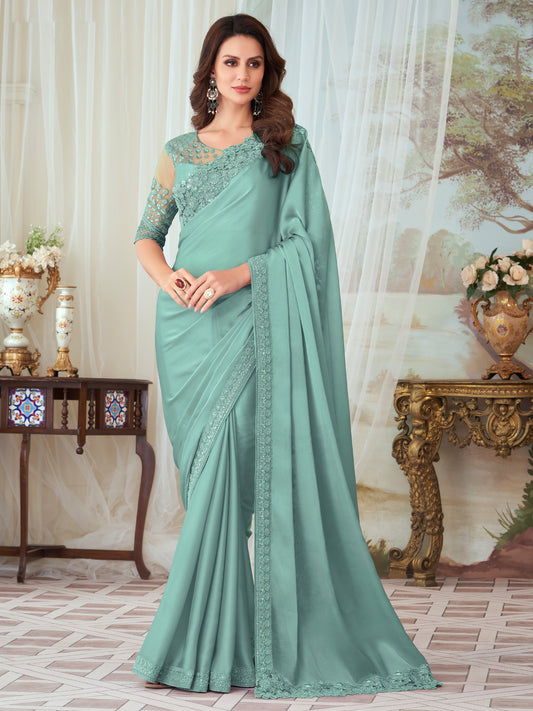 Women's Silk Blend Sea Green Embellished Designer Saree With Blouse Piece