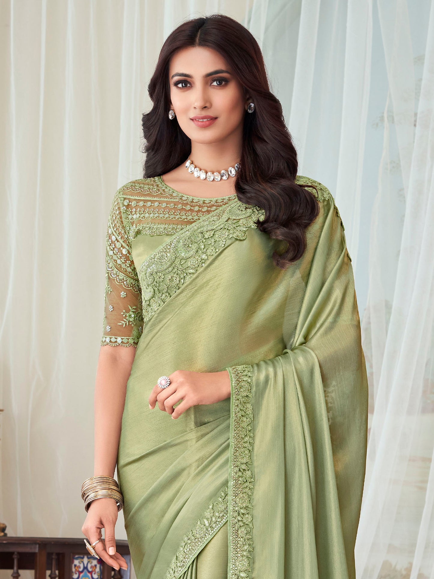 Women's Silk Blend Olive Embellished Designer Saree With Blouse Piece