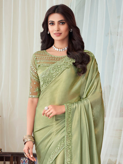 Women's Silk Blend Olive Embellished Designer Saree With Blouse Piece