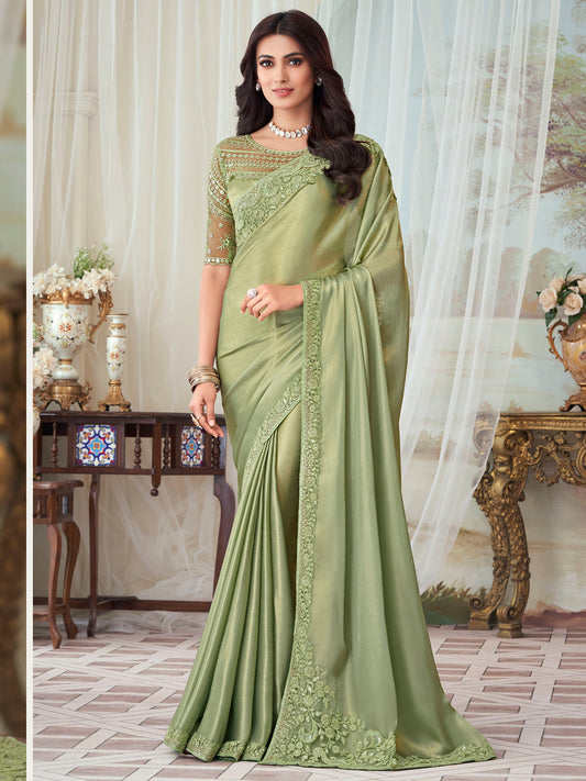 Women's Silk Blend Olive Embellished Designer Saree With Blouse Piece