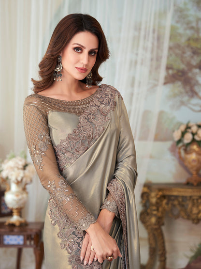 Women's Satin Silk Metallic Embellished Designer Saree With Blouse Piece