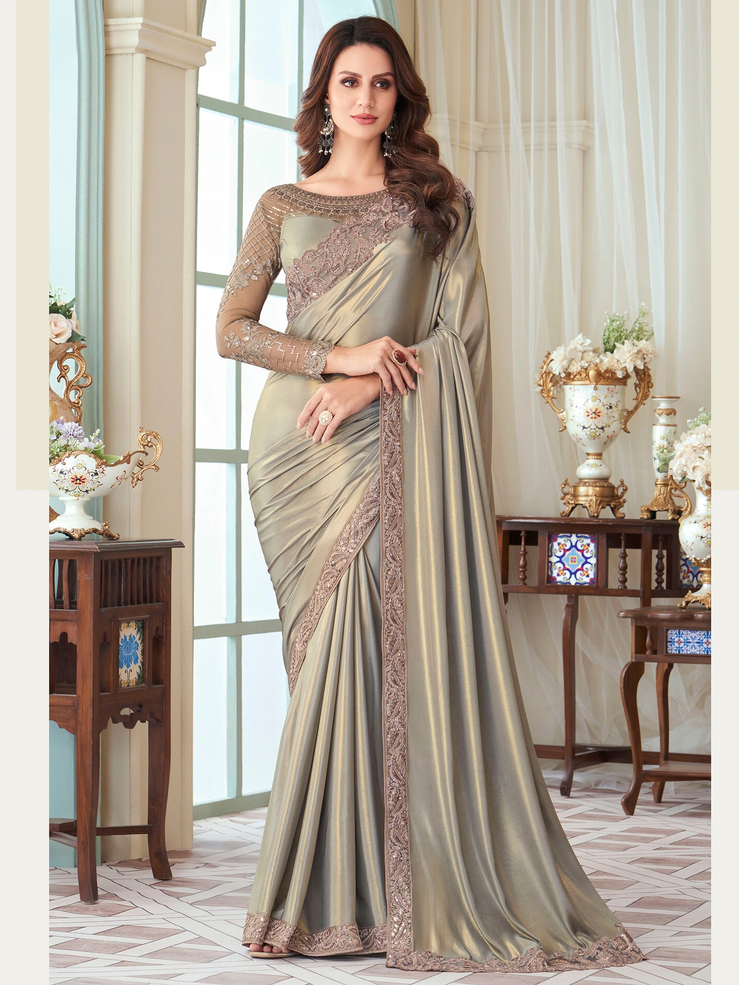 Women's Satin Silk Metallic Embellished Designer Saree With Blouse Piece