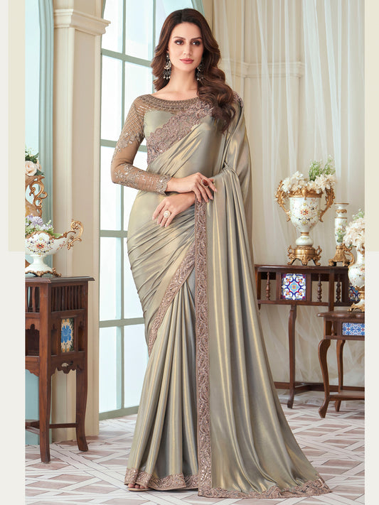 Women's Satin Silk Metallic Embellished Designer Saree With Blouse Piece