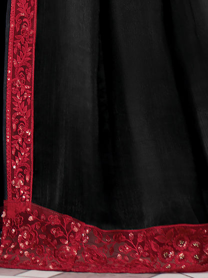 Women's Silk Blend Black Embellished Designer Saree With Blouse Piece
