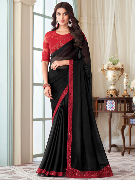 Women's Silk Blend Black Embellished Designer Saree With Blouse Piece