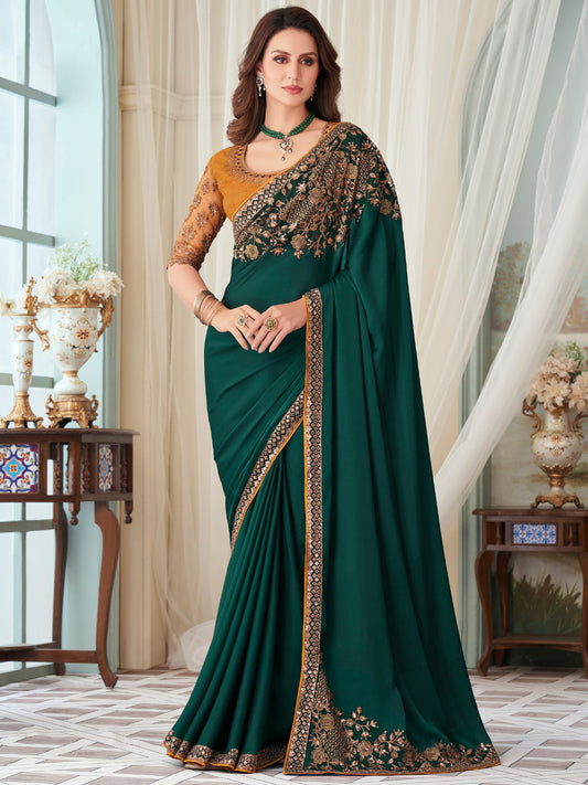 Women's Satin Silk Teal green Embellished Designer Saree With Blouse Piece