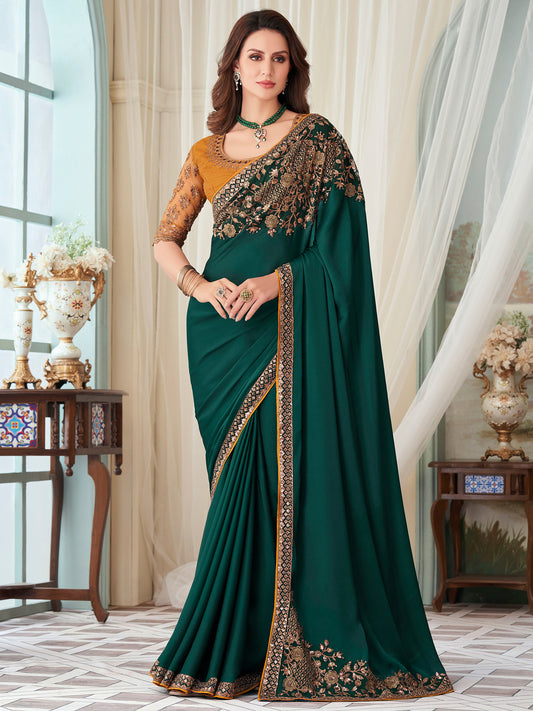 Women's Satin Silk Teal blue Embellished Designer Saree With Blouse Piece