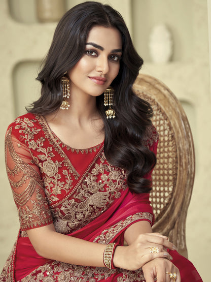 Women's Georgette Pink Embellished Designer Saree With Blouse Piece