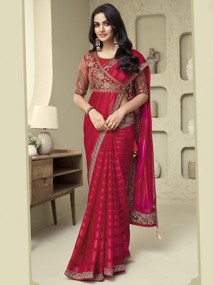 Women's Georgette Pink Embellished Designer Saree With Blouse Piece