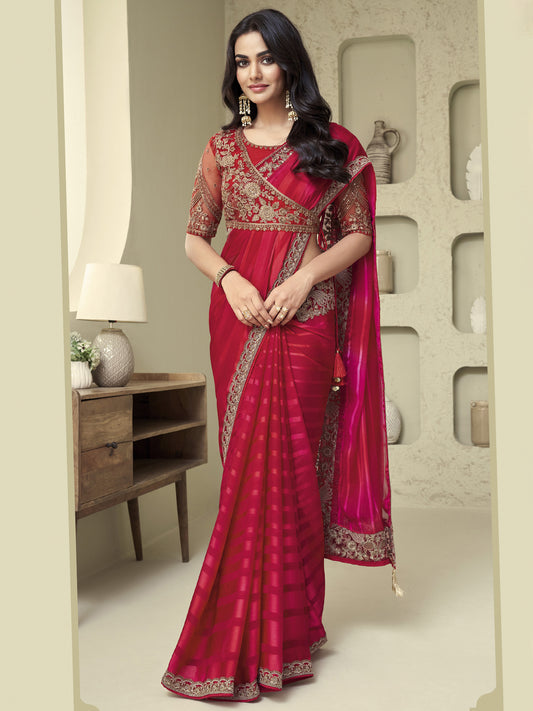 Women's Georgette Pink Embellished Designer Saree With Blouse Piece