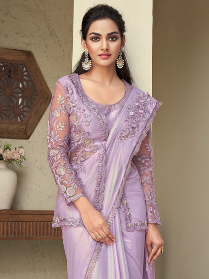 Women's Georgette Mauve Embellished Designer Saree With Blouse Piece