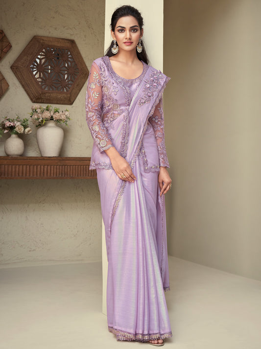 Women's Georgette Mauve Embellished Designer Saree With Blouse Piece