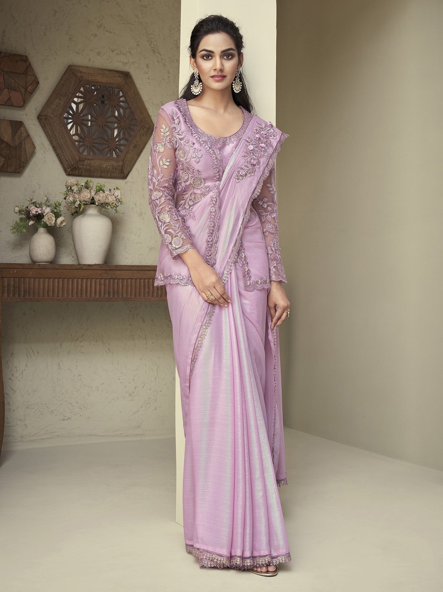 Women's Georgette Lavendar Embellished Designer Saree With Blouse Piece